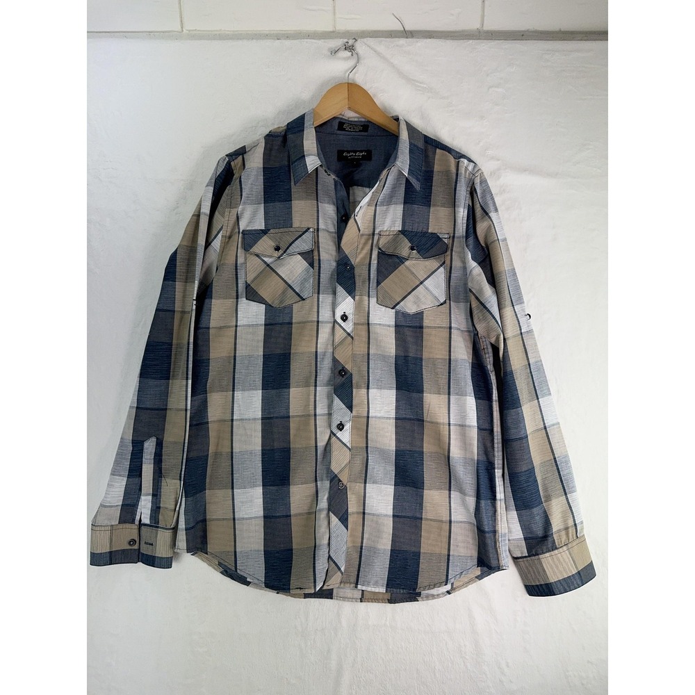 Eighty Eight Shirt Mens Medium Blue Tan Plaid Button Up Long Sleeve Cotton Blend